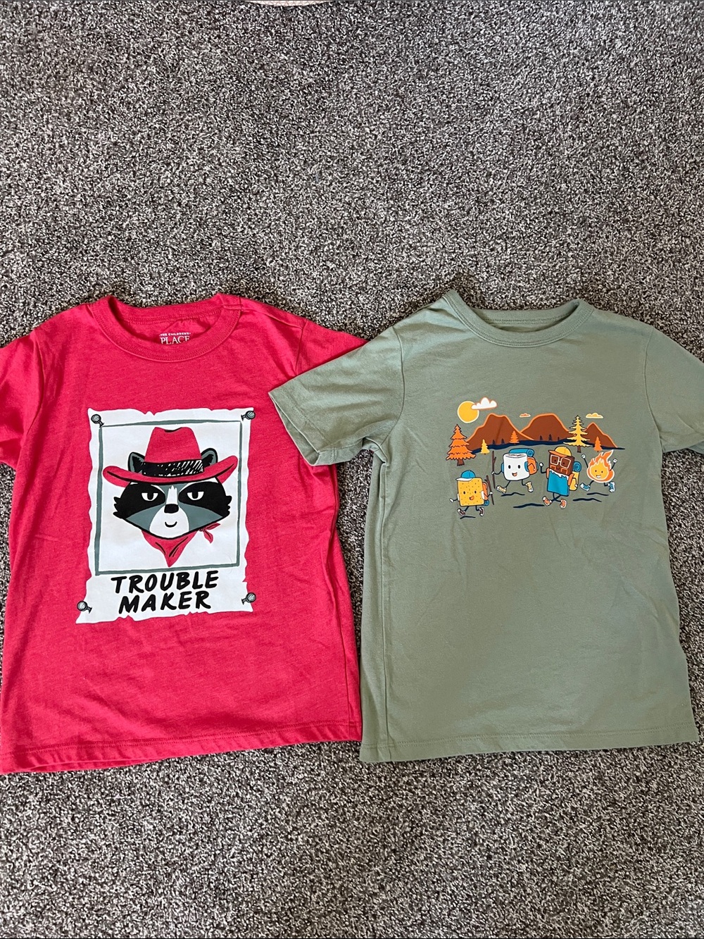 BNWOT boys’ 5T graphic ‘Trouble Maker' Raccoon & Cute Camping Graphic Tee Set!